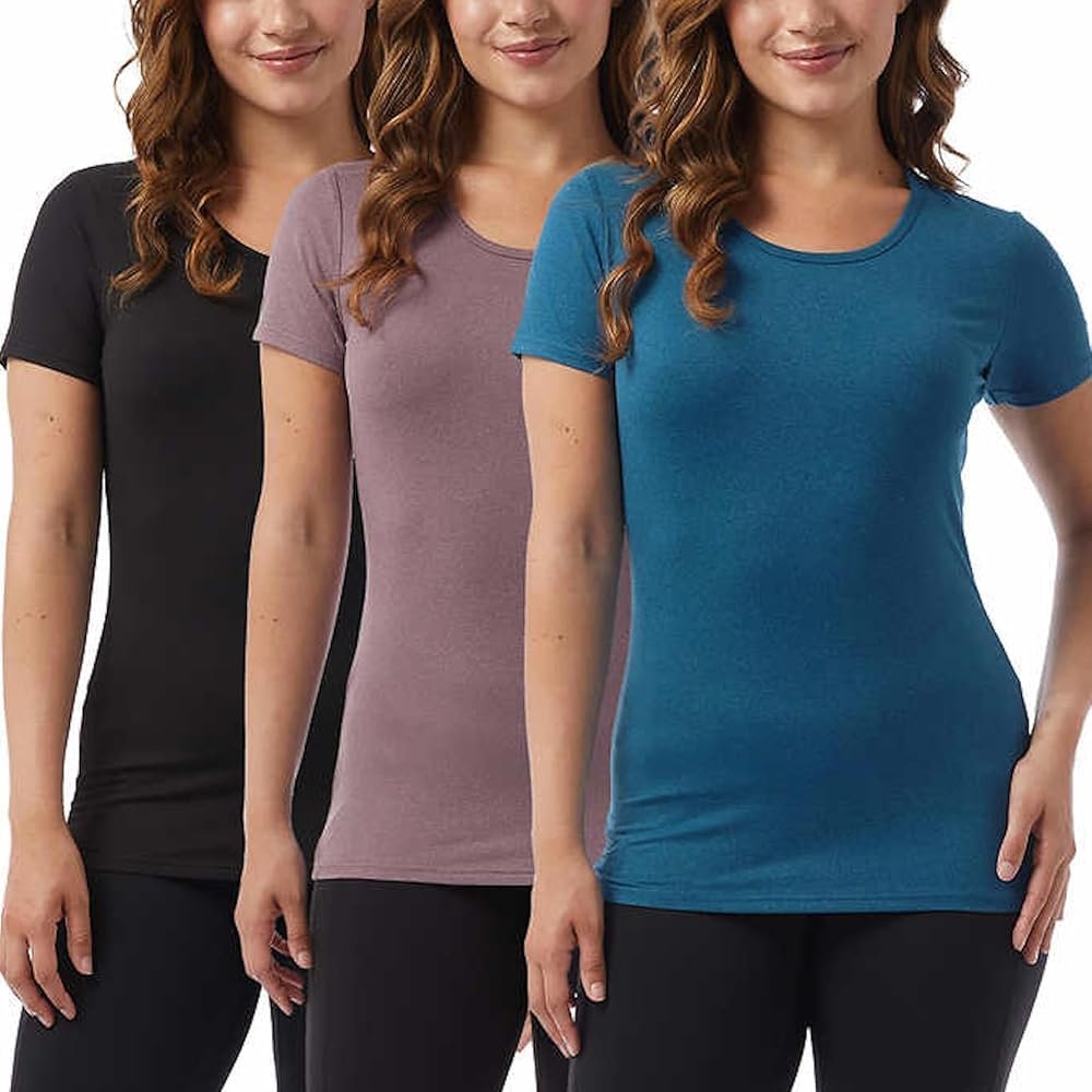 32 Degrees Ladies' Cool Tee Short Sleeve Scoop Neck, 3-Pack (US, Alpha, Large, Regular, Regular, Black/Ht Teal/Ht Purple)