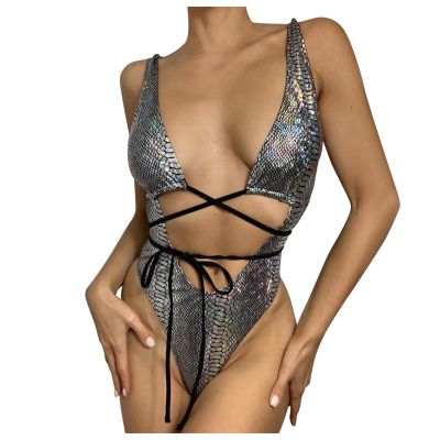 2024 One Piece Swimsuit Womens Bodysuit Snakeskin Sexy Sequin Shiny Bathing Suit Festival Dance Clothing Rave Outfit
