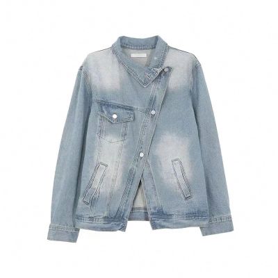 Dawery Denim Jacket Women Spring Autumn Oblique Collar Loose Vintage Photo Color XL