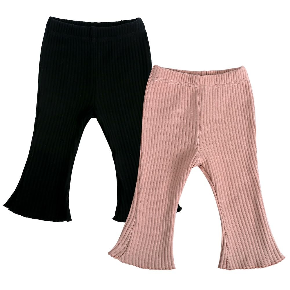 MYGBCPJS Baby Girls 2 Pack Ribbed Flare Trousers Toddler Elastic Waist Bell Bottoms Pants Infant Relaxed Fit Ruffle Leggings