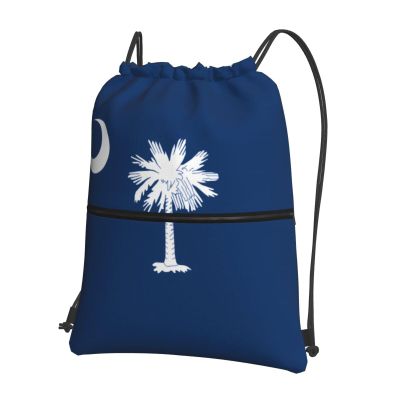 Chrysm Drawstring Backpack Zipper String South Carolina Flag Bag For Outdoor Leisure Yoga Gym Swimming Travel Fitness Sports, Black