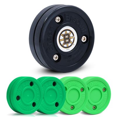 Green Biscuit 4-Pack Off Ice Hockey Pucks - 2 Original Passer and 2 Snipe New 2.0 Puck, Street Hockey Puck for Passing, Stickhandling and Shooting, Plus 1 NHL Puck-Official (Boston Bruins)