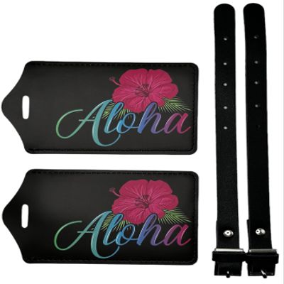Aloha Hawaii Luggage Tags for Suitcases, 2 Pack Tropical PU Leather Suitcase Tag Identifiers TSA Approved with Stainless Steel Loop & Address Card for Baggage Tag for Cruise Airport Travel Essentials