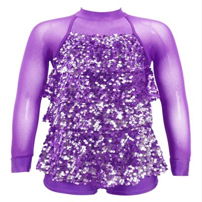 XUNZOO Kids Girls Mesh Long Sleeve Patchwork Shiny Sequins Ballet Dance Leotard Latin Jazz Stage Performance Outfits G0690Purple 8 Years