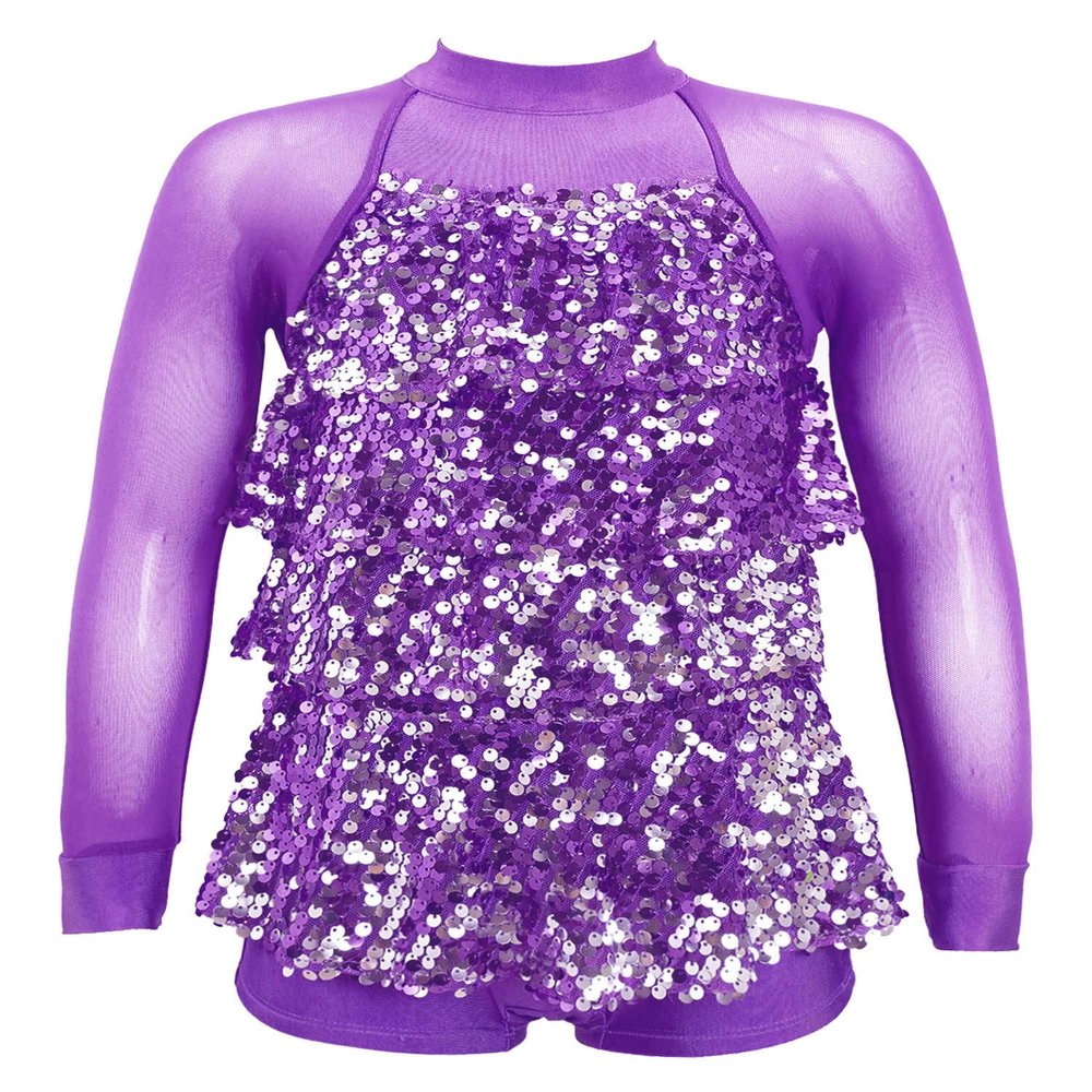 XUNZOO Kids Girls Mesh Long Sleeve Patchwork Shiny Sequins Ballet Dance Leotard Latin Jazz Stage Performance Outfits G0690Purple 8 Years