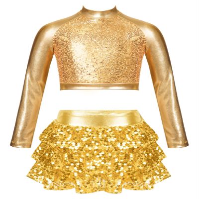 Jowowha Girls Sparkle Metallic Long Sleeve Turtleneck Crop Tops with Sequin Skirt Set for Hip Hop Outfits Dancewear Gold A 10 Years