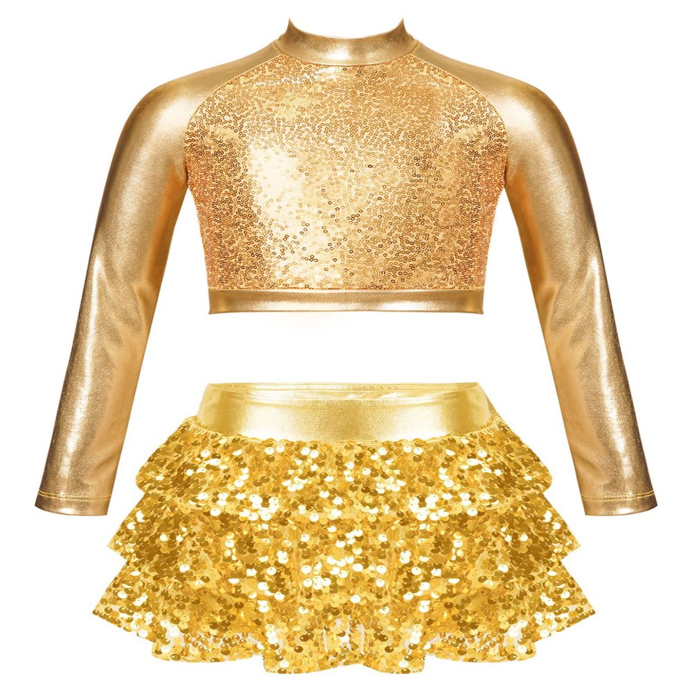 Jowowha Girls Sparkle Metallic Long Sleeve Turtleneck Crop Tops with Sequin Skirt Set for Hip Hop Outfits Dancewear Gold A 10 Years