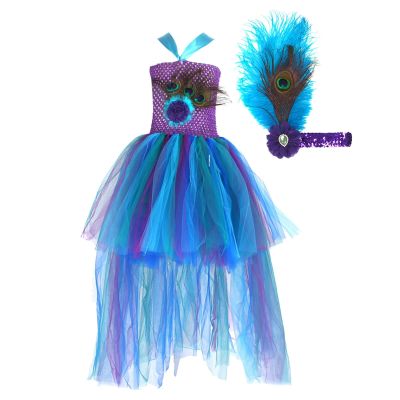 NineFit Basics Kids Girls' eacock Feather Dress Children's Model Catwalk Performance Tail Dress Festival (Purple #5, 10-12 Years)