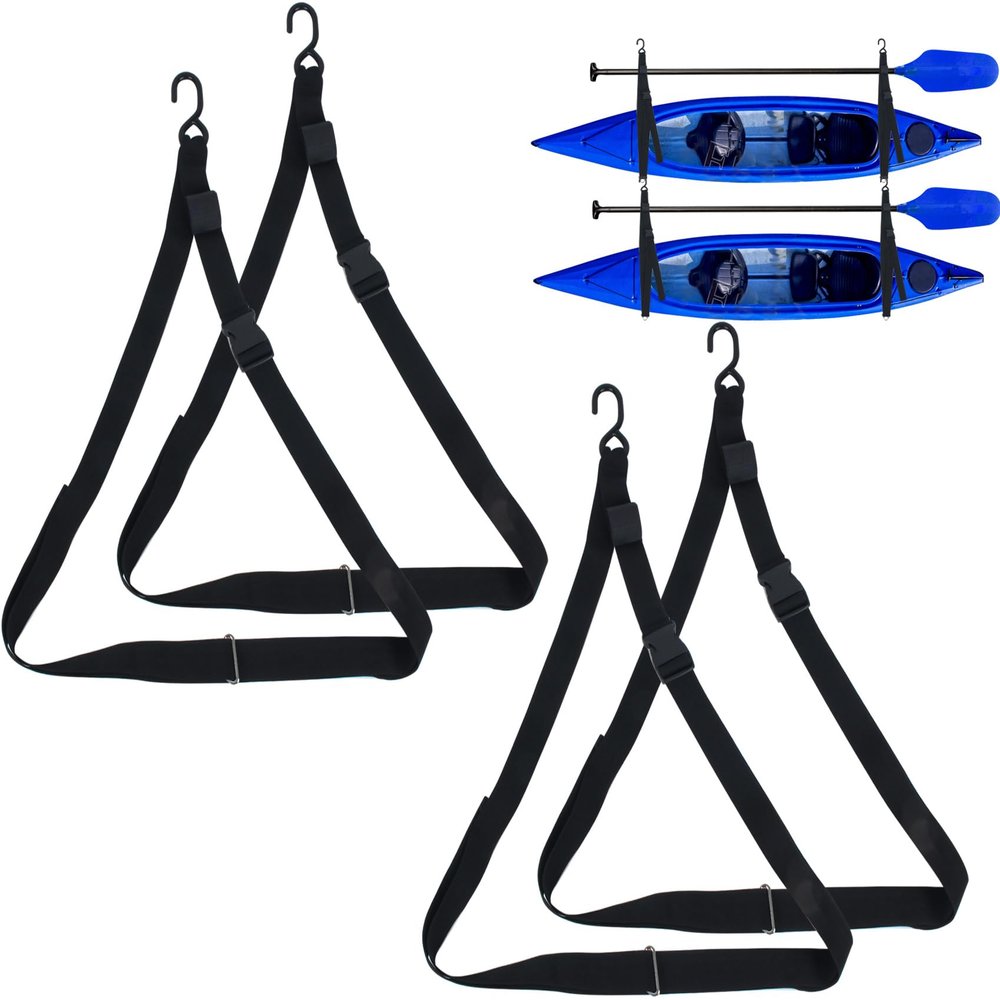 4 PCS Kayak Storage From Wall or Ceiling Holds 200 lbs ,Adjustable Single Kayak Storage Strap with Carabiner Paddle Clips,Kayak Storage Sling for Indoor and Outdoor Kayak & Surfboards, SUP or Canoe