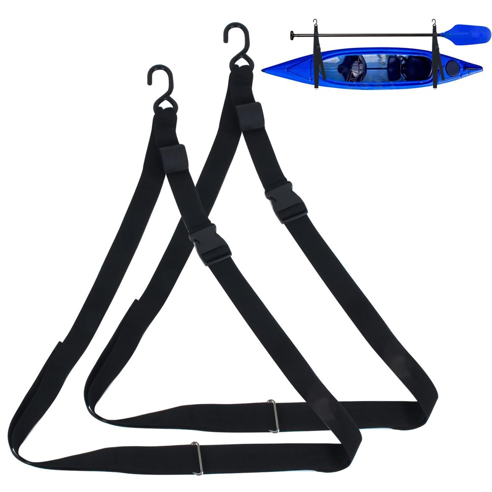 2 PCS Kayak Storage From Wall or Ceiling Holds 100 lbs ,Adjustable Single Kayak Storage Strap with Carabiner Paddle Clips,Kayak Storage Sling for Indoor and Outdoor Kayak & Surfboards, SUP or Canoe