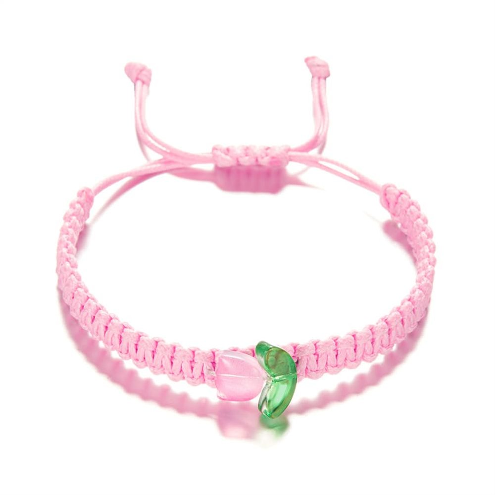 Lovely Flower Stretch Bracelet for Women Handmade Colorful Tulip String Strand Bracelet Adjustable Woven Surfer Beach BFF Wristband Jewelry-pink