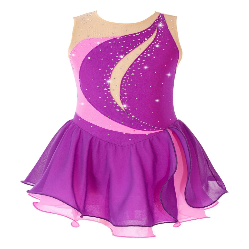 YOOJOO Girls' Sleeveless Ice Skating Dress Shiny Rhinestone Rhythmic Gymnastics Leotard Competition Figure Skating Costume G1537Purple 6 Years
