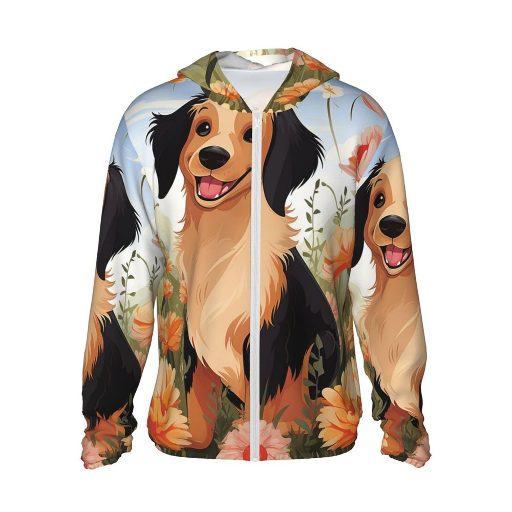 Dog and Flower Print Sun Protection Hoodie Jacket Full Zip Long Sleeve Sun Shirt with Pockets for Outdoor Black