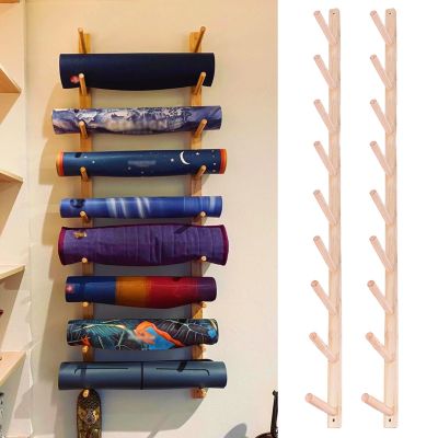 BBHW 9 Layer Wood Yoga Mat Holder Wall Mount, Large Capacity Foam Roller Storage Rack Organizer, Exercise Mats Shelves for Studio, Yoga Room, Office, 56425