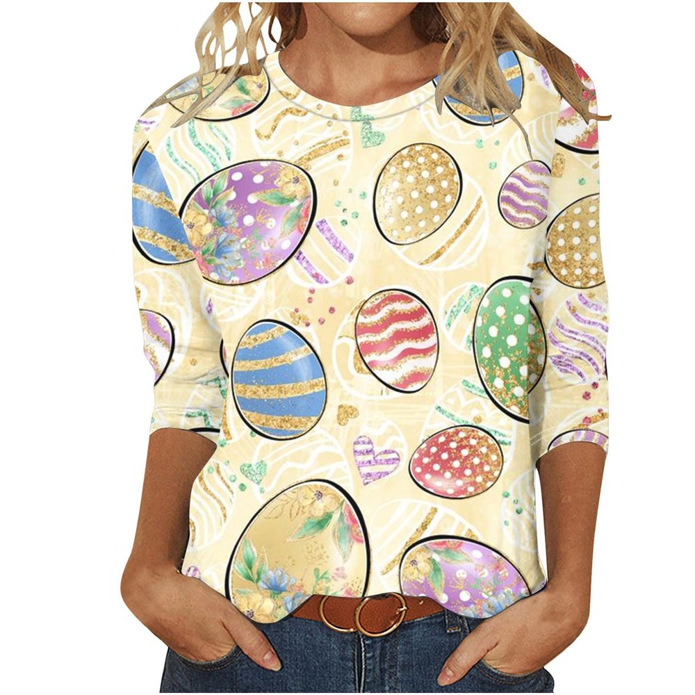 Clearance Women's Happy Easter Shirt 3/4 Sleeve Funny Tops Rabbit Graphic Colored Eggs Print Tee T-Shirts Easter Day Gifts Easter Tops for Women Yellow 4X