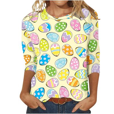 Amazon Shopping Online Website Women's Happy Easter Shirt 3/4 Sleeve Funny Tops Rabbit Graphic Colored Eggs Print Tee T-Shirts Easter Day Gifts Easter Tops for Women 2024 Yellow 2X