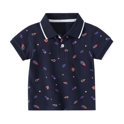 Little Boys Short Sleeve Plo Shirt Kids Summer Cartoon Print Tee School niform Comfortable (Navy-A, 5-6 Years)