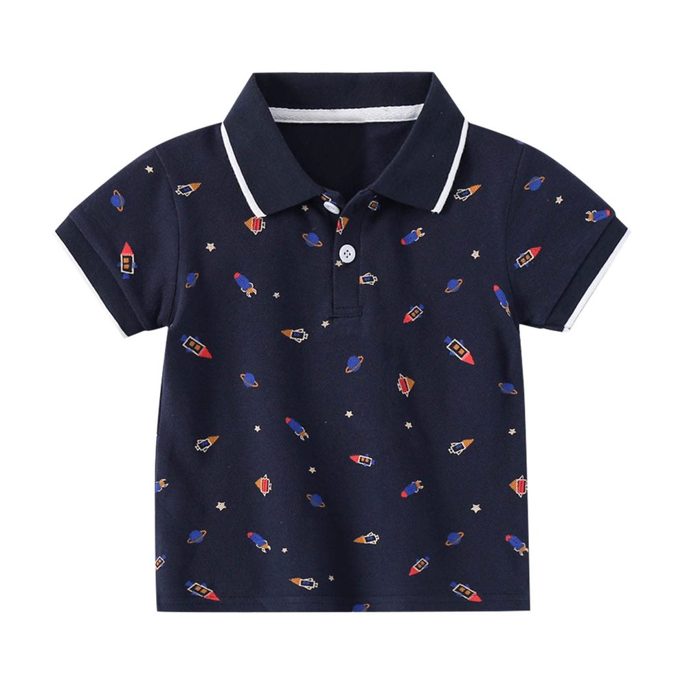 Little Boys Short Sleeve Plo Shirt Kids Summer Cartoon Print Tee School niform Comfortable (Navy-A, 5-6 Years)
