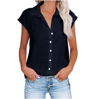 Summer Tops for Women 2026 Trendy Cotton Linen Button Down Shirts Dressy Cap Sleeve Collared Business Casual Blouses Business Casual Tops for Women Navy S