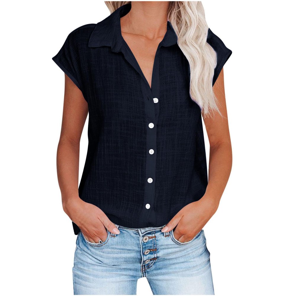 Summer Tops for Women 2026 Trendy Cotton Linen Button Down Shirts Dressy Cap Sleeve Collared Business Casual Blouses Business Casual Tops for Women Navy S