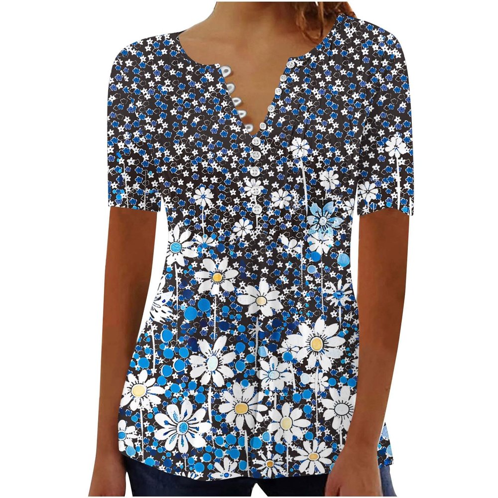 SMIDOW Summer Tops for Women 2026 Trendy Boho Floral Print Tunic Shirts Short Sleeve Button v Neck Tshirt Casual Loose Blouse Casual Summer Tops for Women 2026 Blue M