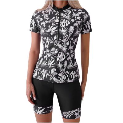 2025 Women's Two Piece Short Sleeve Rash Guard Zipper Swimsuit Athletic Swimwear UV Sun Protection Swim Shirt UPF 50+ Black