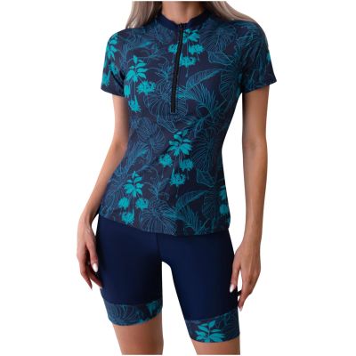2024 2024 Women's Two Piece Short Sleeve Rash Guard Zipper Swimsuit Athletic Swimwear UV Sun Protection Swim Shirt UPF 50 Navy