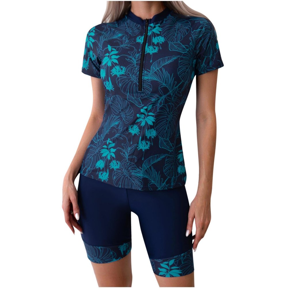 2024 Women's Two Piece Short Sleeve Rash Guard Zipper Swimsuit Athletic Swimwear UV Sun Protection Swim Shirt UPF 50+ Navy