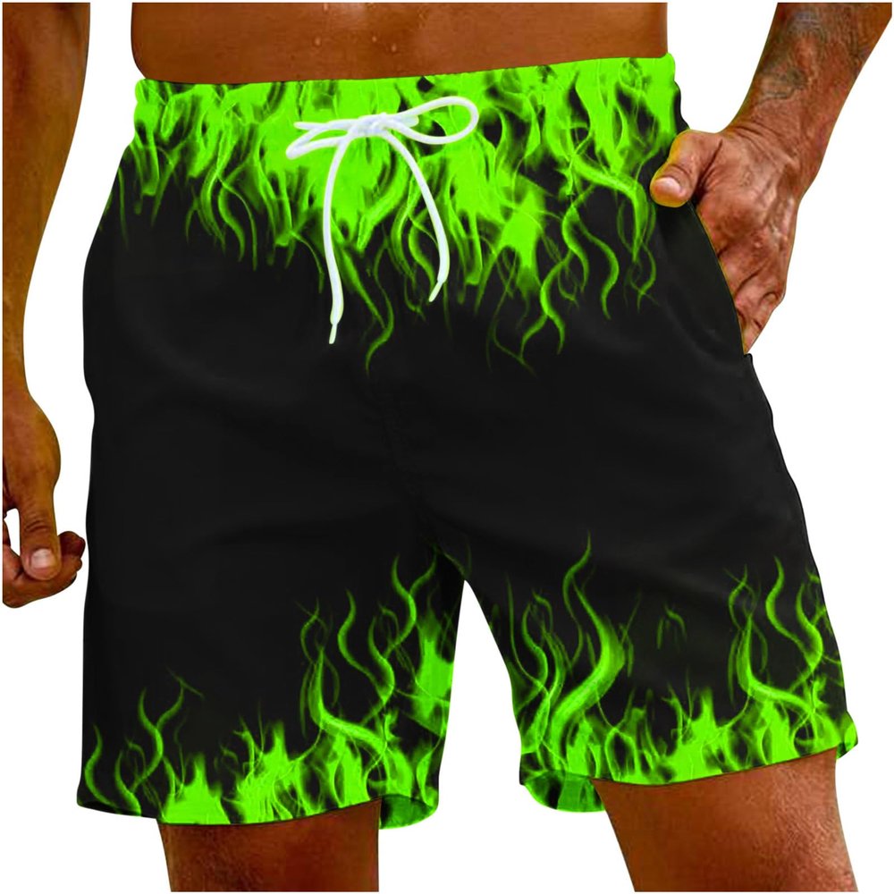 sales today clearance prime only Men's Bathing Suits Trunks Fashion 3D Flame Print Drawstring Swimming Trunk With Pockets Loose Fit Beach Board Shorts swim shorts Green 5X