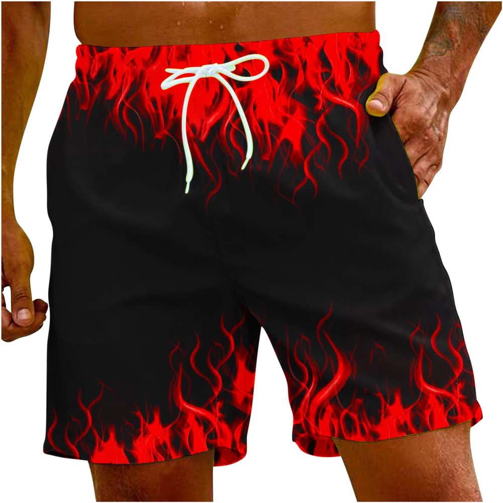 Generic Prime of Day Deals Today 2024 Men's Bathing Suits Trunks Fashion 3D Flame Print Drawstring Swimming Trunk with Pockets Loose Fit Beach Board Shorts Mens Bathing Suit 5 inch Inseam Red 5X