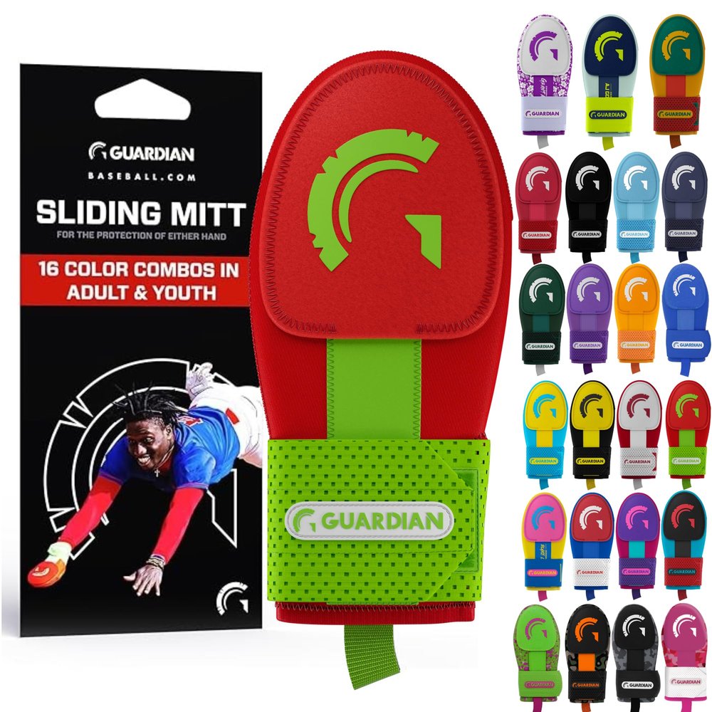 Guardian Baseball Sliding Mitt - Youth and Adult Sizes - Sliding Glove for Baseball - Elastic Compression Strap (Red Neon/Lime)