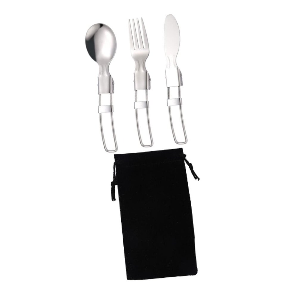 BIUDECO 1set Multi-functional Portable Camping Cutlery Stainless Steel Fork Spoon Black Bag Lightweight Reusable Utensils for Outdoor Dining Picnics and Travel
