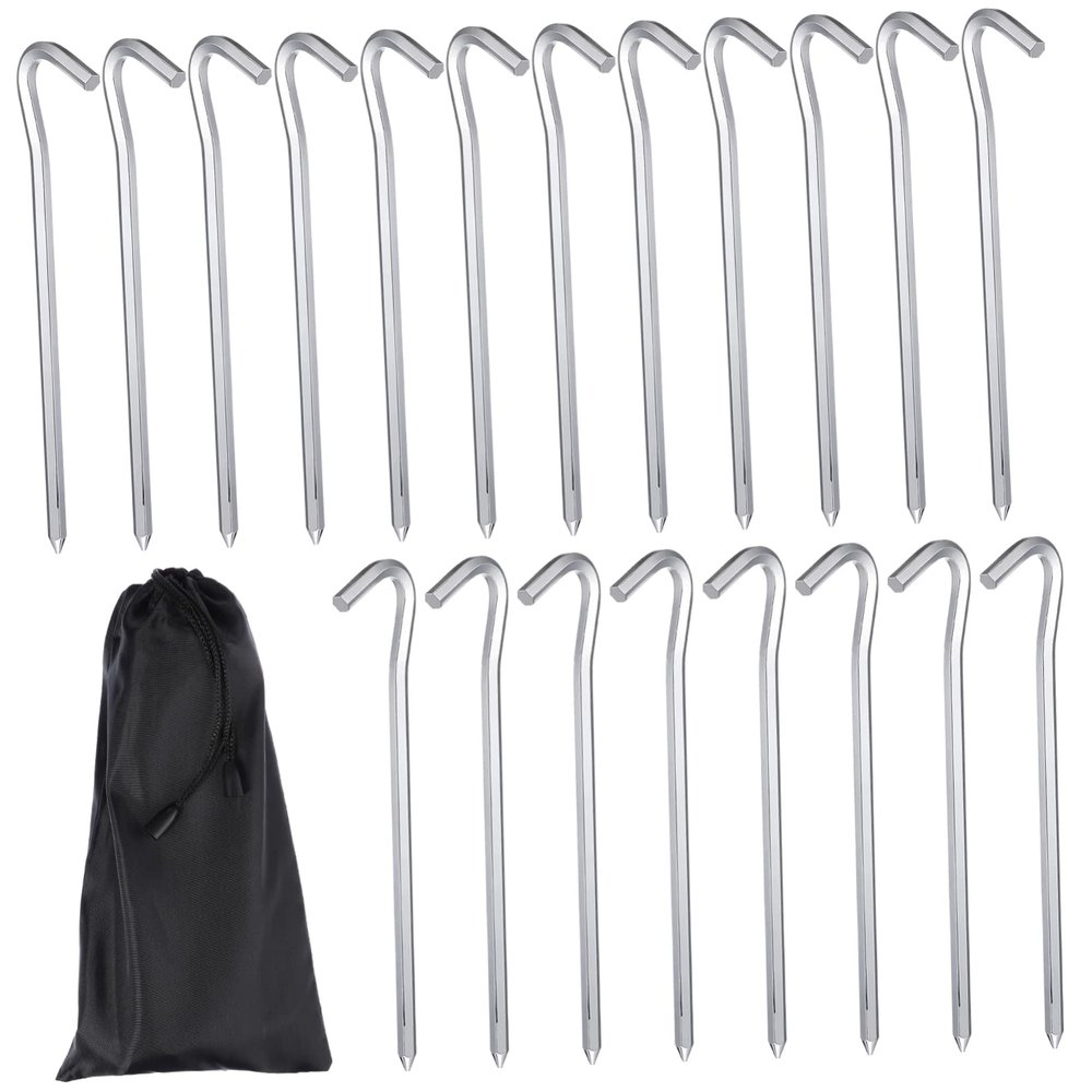 Parliky 20pcs Tent Camping Essentials Metal Tent Stakes Hexagonal Rods and Hooks Ground Stakes for Tarp Garden Pegs and Patio