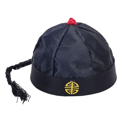 NineFit Basics Chinese Oriental Hat Qing Emperor Hat Traditional W/Ponytail Party Cosplay Cap for Stage Performance Dress up Photography, Black, 58cm