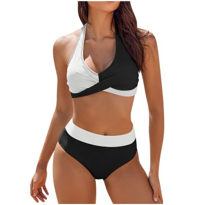 asntrgd Underwire Bikini 2024 Vintage Colorblock Halter Bathing Suit Two Piece Full Coverage Swimsuit Mid Waisted Beachwear Black