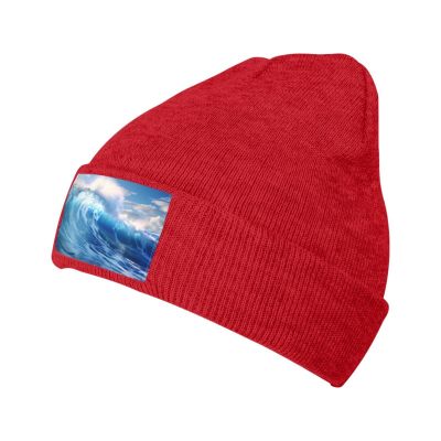 Red Warm Knit Hat Blue Ocean Waves Picture Soft Good Elasticity Suitable for Daily and Outdoor Sports