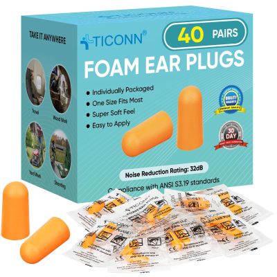 TICONN 40 Pairs Foam Ear Plugs, Hunting Earplugs Individually Wrapped 32dB NRR Noise Reduction Ear Plugs for Sleeping Fishing Passive Hearing Protection Travel Study Concentration (40Pairs)
