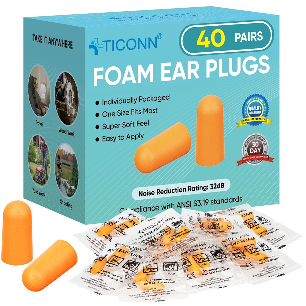 TICONN 40 Pairs Foam Ear Plugs, Hunting Earplugs Individually Wrapped 32dB NRR Noise Reduction Ear Plugs for Sleeping Fishing Passive Hearing Protection Travel Study Concentration (40Pairs)