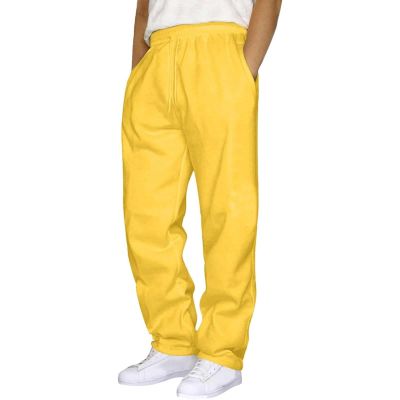 Baggy Sweatpants Men Wide Leg Sweat Pants Mens Clothing Casual Athletic Workout Straight Leg Open Bottom Sweatpants Fleece Lined Jogger with Pockets Fall Winter Clothes Yellow
