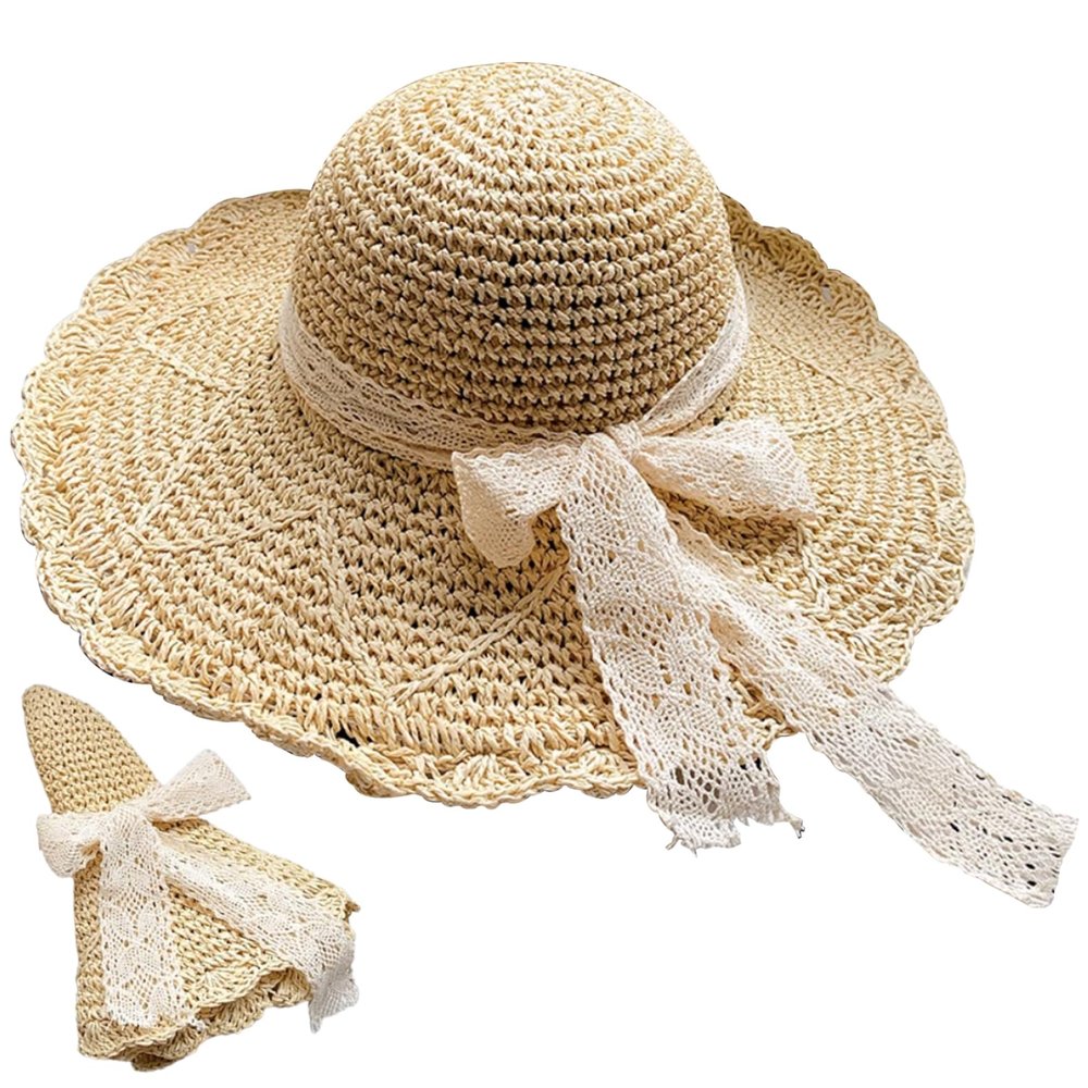 Cndiyald Straw Hats for Women, Wide Brim Womens Sun Hat with Bow-Knot, Foldable Beach Hat, UV Protection Summer Hats for Women Beige
