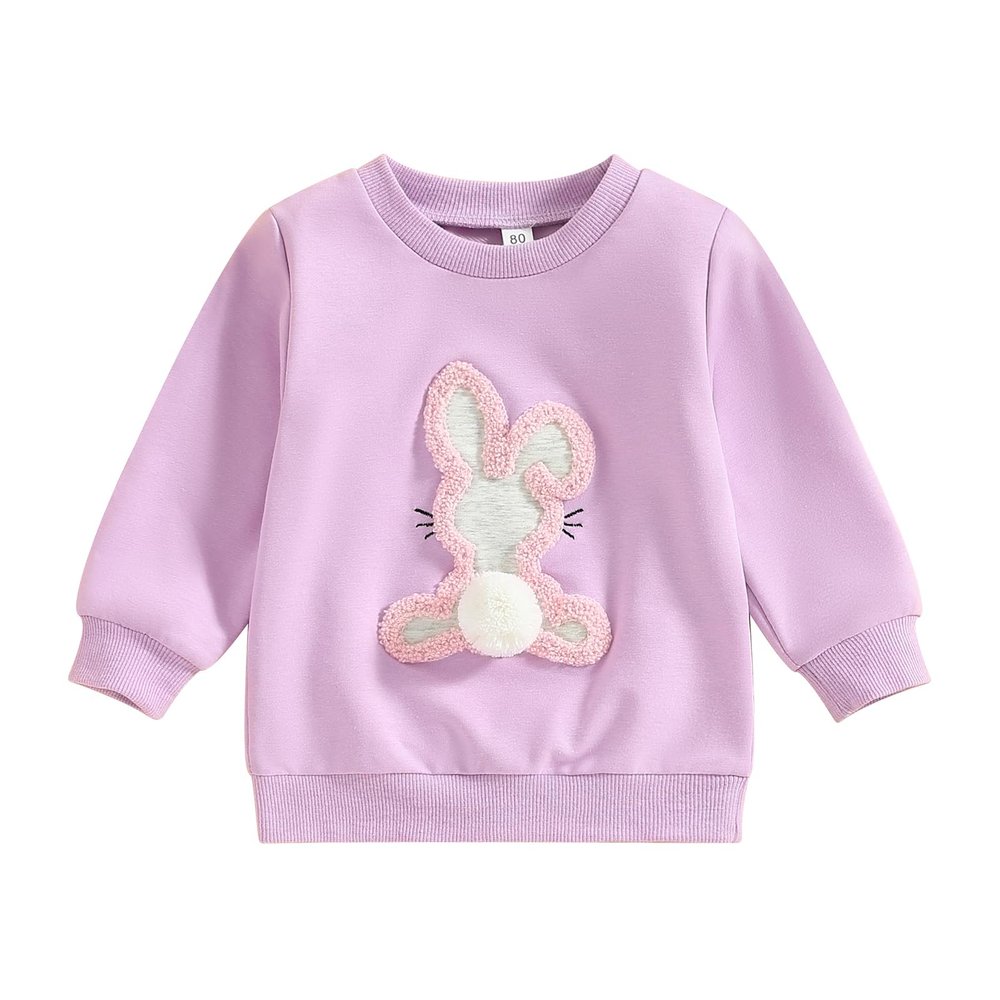JLKGICF Toddler Baby Girl Easter Outfit Bunny Print Embroidery Crewneck Sweatshirt Long Sleeve Tops Kids Cute Clothes(Vivid Rabbit Purple, 2-3T)