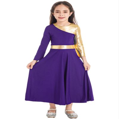 Miutii Kids Girls Long Sleeve Liturgical Praise Dance Dress Metallic Gold Full Length Worship Church Robe Dancewear Purple 14 Years