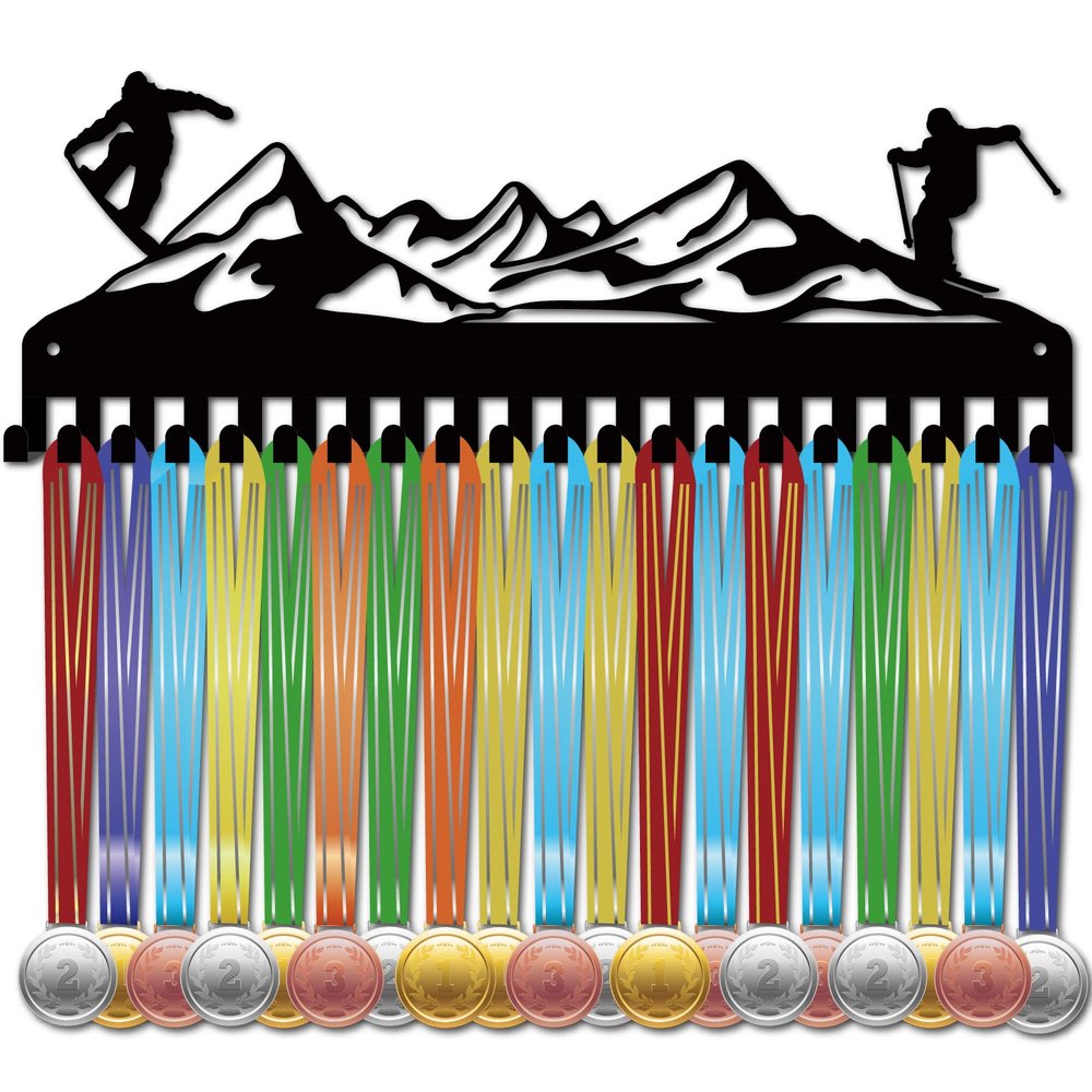 CREATCABIN Ski Medal Hangers Medal Holder Display Hanger Rack Sports Metal Hanging Athlete Awards Iron Wall Mount Decor with 20 Hooks for Wall Competition Alpine Skiing Black 15.7 x 5.9 Inch