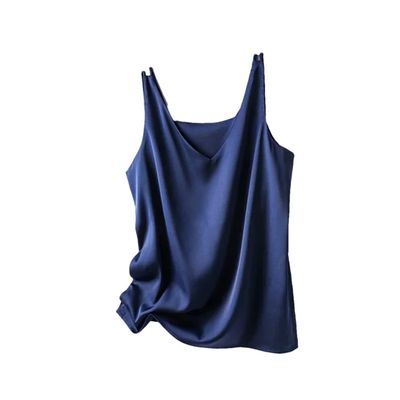 Hamthuit Women Strap Crop Top Women V Neck Basic Sleeveless Satin Silk Tube Tank Tops Women's Summer Navy Blue L(Bust 92cm)