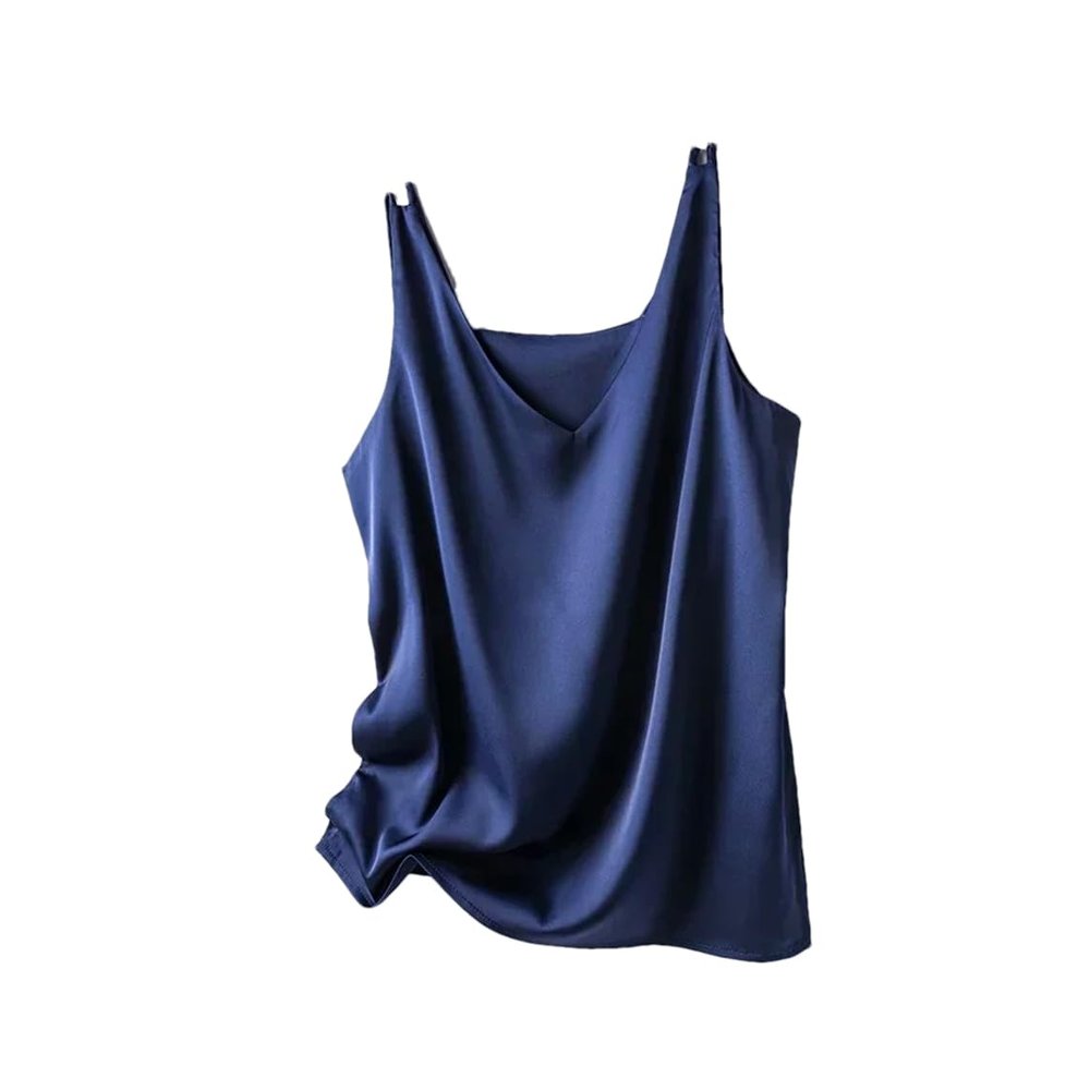 Hamthuit Women Strap Crop Top Women V Neck Basic Sleeveless Satin Silk Tube Tank Tops Women's Summer Navy Blue L(Bust 92cm)