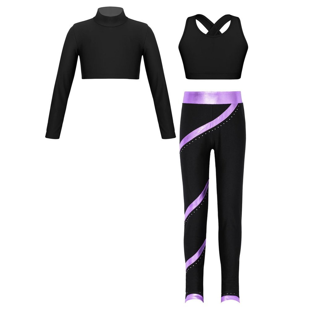 Loyan Kids Girls Athletic Outfit Sets for Gymnastics Dance Workout Crop Top with Leggings Tracksuit 3 Pieces Active Set Black&Purple 12 Years