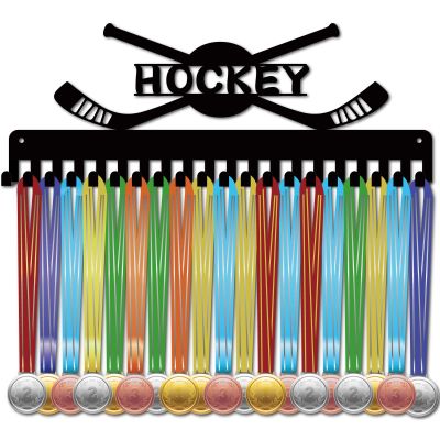 CREATCABIN Hockey Medal Holder Medal Hanger Display Hangers Rack Sports Metal Hanging Athlete Awards Iron Wall Mount Decor with 20 Hooks for Wall Competition Ribbon Hockey Black 15.7 x 5.9 Inch