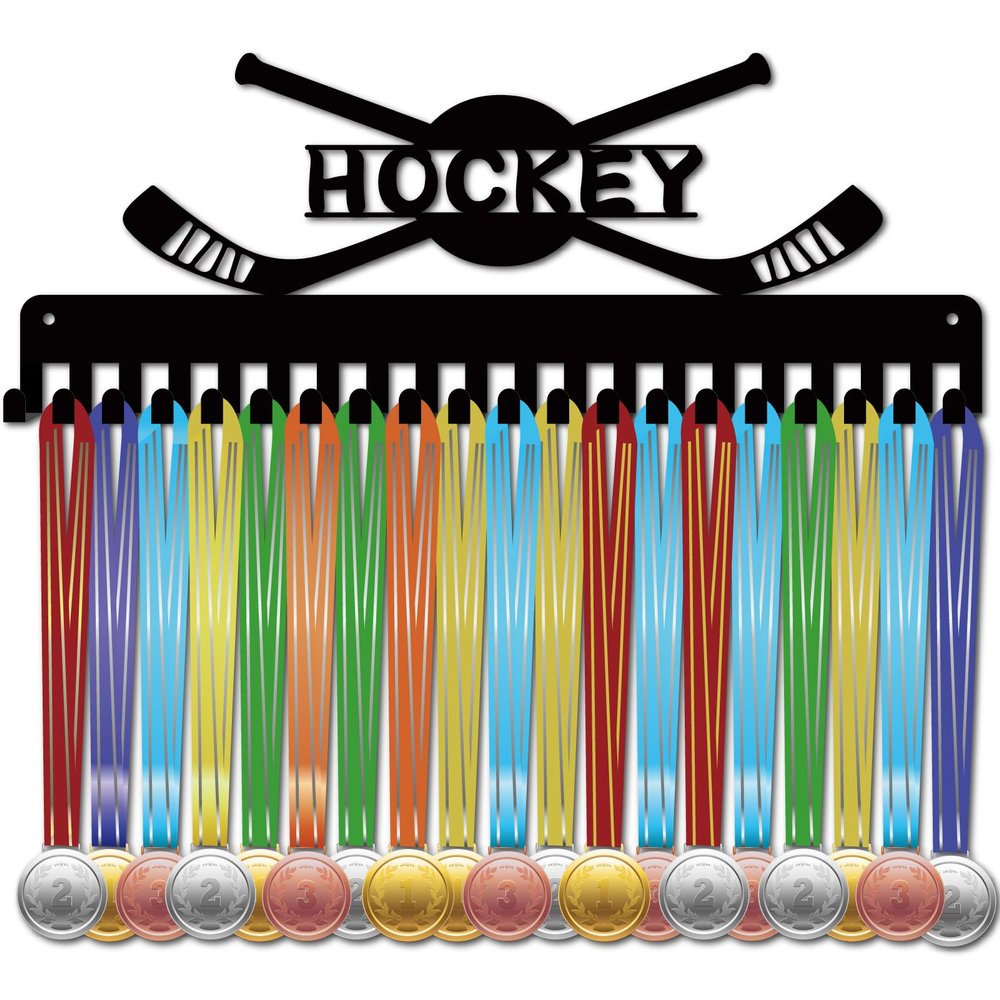 CREATCABIN Hockey Medal Holder Medal Hanger Display Hangers Rack Sports Metal Hanging Athlete Awards Iron Wall Mount Decor with 20 Hooks for Wall Competition Ribbon Hockey Black 15.7 x 5.9 Inch