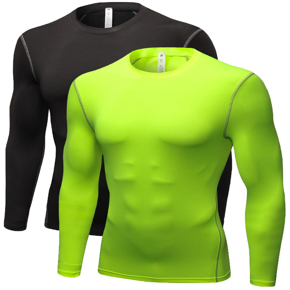 Men's Compression Long Sleeve Shirts, Cool Dry Sport Workout Underwear Shirt Athletic Baselayer Running Gym Tops 2 Pack