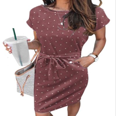 Arolina Women's Summer Casual Midi Dresses Short Sleeve Crewneck Tie Waist T Shirt Dress with Pockets Red Polka Dots